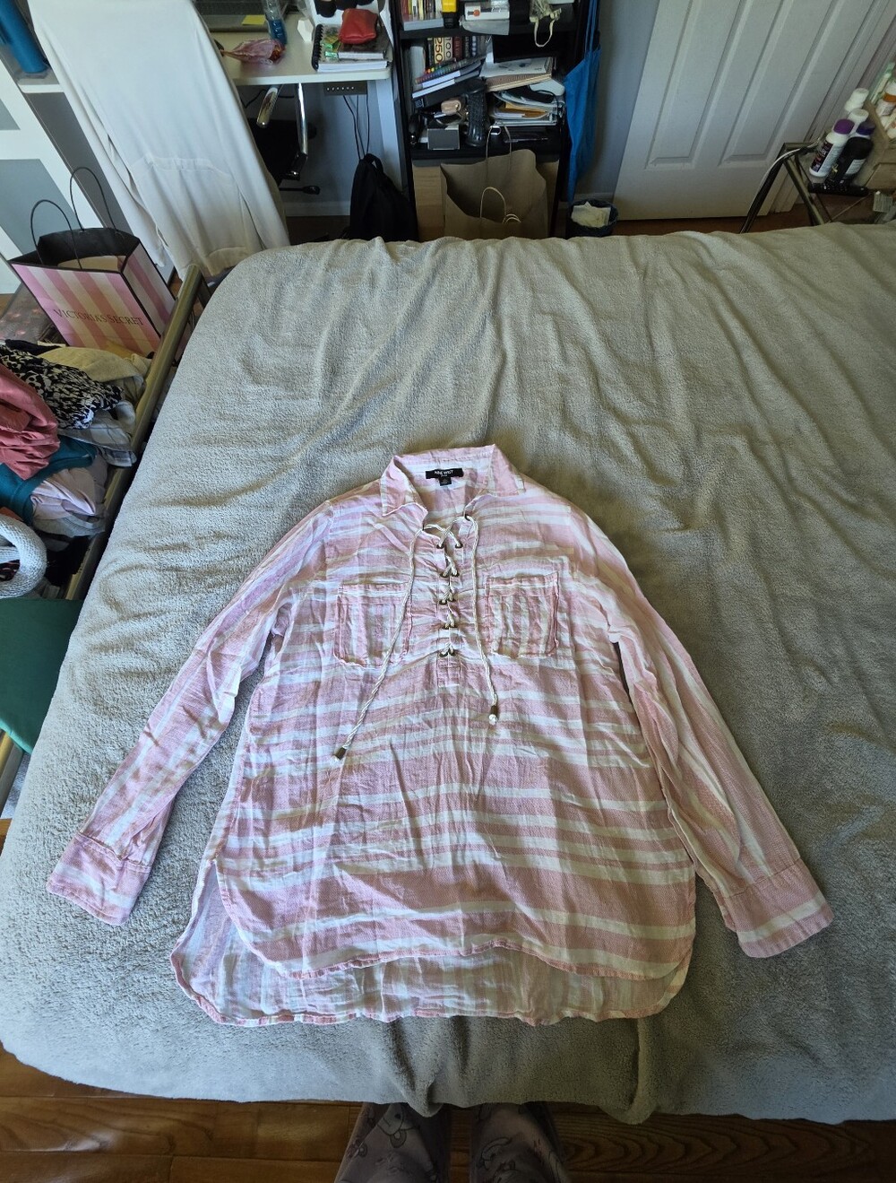 Nine West Pink & White Striped Lace-Up Blouse